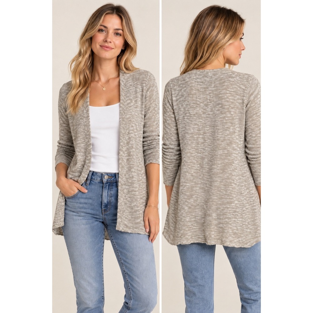 Eileen Fisher Organic Linen Cotton Space Dye Open Front Cardigan Oatmeal Large